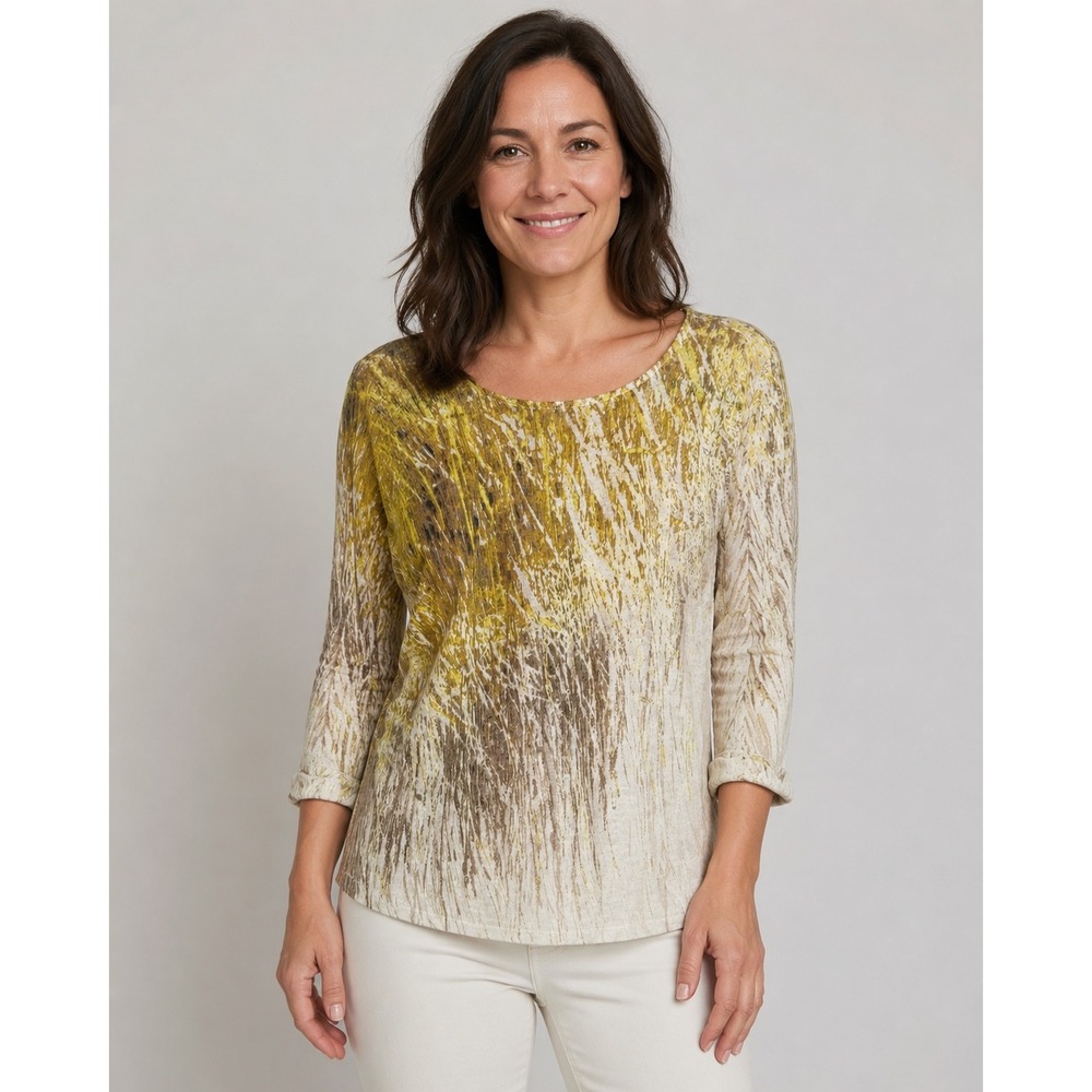 NIC+ZOE Womens Linen Blend Abstract Print Keyhole Back Knit Top Yellow Size L